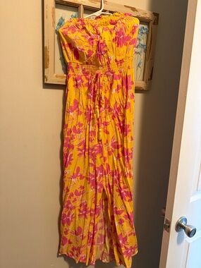 Strapless Yellow & Pink Floral Maxi Dress